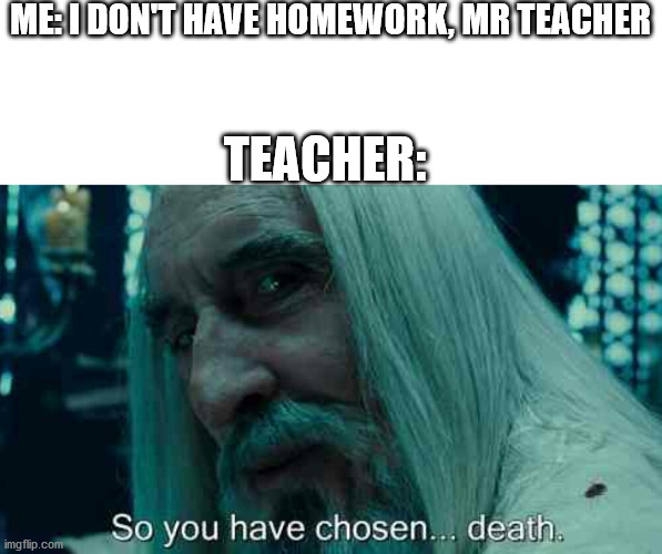 So you have chosen death | ME: I DON'T HAVE HOMEWORK, MR TEACHER; TEACHER: | image tagged in so you have chosen death | made w/ Imgflip meme maker