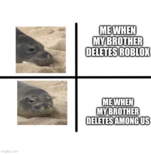 angry seal | ME WHEN MY BROTHER DELETES ROBLOX; ME WHEN MY BROTHER DELETES AMONG US | image tagged in memes,blank starter pack,seals,angry seal,funny,yes | made w/ Imgflip meme maker