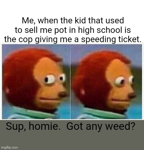 Oh the irony | Me, when the kid that used to sell me pot in high school is the cop giving me a speeding ticket. Sup, homie.  Got any weed? | image tagged in memes,monkey puppet | made w/ Imgflip meme maker
