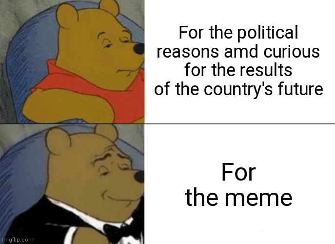 Watching presidental debate | For the political reasons amd curious for the results of the country's future; For the meme | image tagged in memes,tuxedo winnie the pooh | made w/ Imgflip meme maker