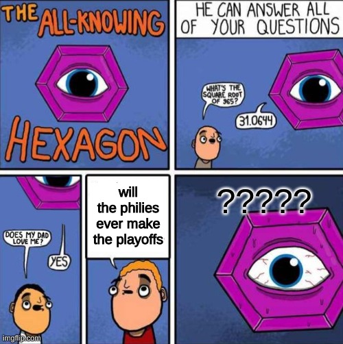 will they ever make the playoffs? | ????? will the philies ever make the playoffs | image tagged in all knowing hexagon original | made w/ Imgflip meme maker