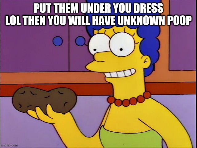 Marge Thinks it's Neat | PUT THEM UNDER YOU DRESS LOL THEN YOU WILL HAVE UNKNOWN POOP | image tagged in marge thinks it's neat | made w/ Imgflip meme maker