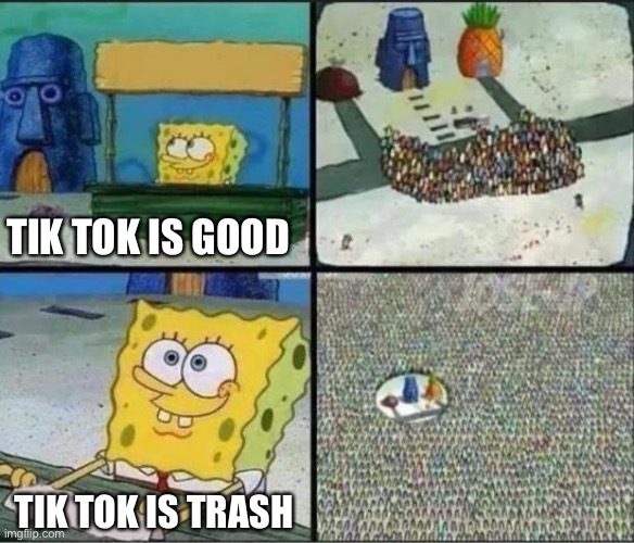 Straight up facts | TIK TOK IS GOOD; TIK TOK IS TRASH | image tagged in spongebob hype stand | made w/ Imgflip meme maker