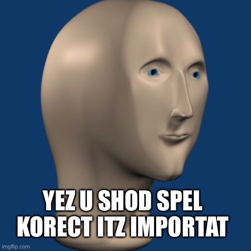 meme man | YEZ U SHOD SPEL KORECT ITZ IMPORTAT | image tagged in meme man | made w/ Imgflip meme maker