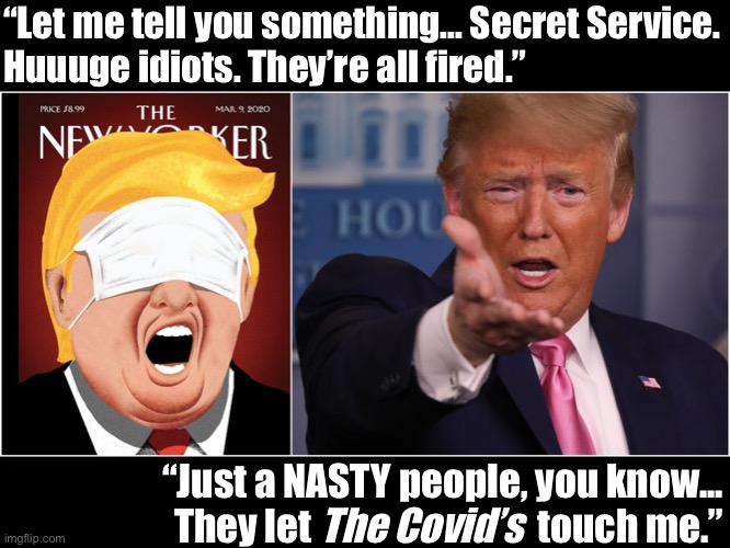 “I AM NOT RESPONSIBLE FOR THIS!” | “Let me tell you something... Secret Service.
Huuuge idiots. They’re all fired.”; “Just a NASTY people, you know...
They let                              touch me.”; The Covid’s | image tagged in covid-19,coronavirus,covid | made w/ Imgflip meme maker