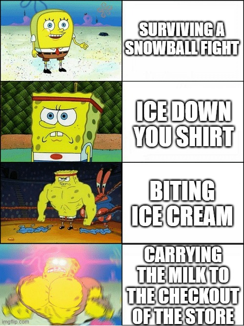 cold sponge | SURVIVING A SNOWBALL FIGHT; ICE DOWN YOU SHIRT; BITING ICE CREAM; CARRYING THE MILK TO THE CHECKOUT OF THE STORE | image tagged in sponge finna commit muder | made w/ Imgflip meme maker