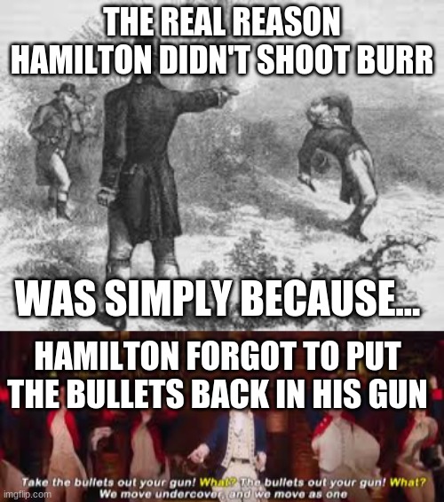 How Hamilton died | THE REAL REASON HAMILTON DIDN'T SHOOT BURR; WAS SIMPLY BECAUSE... HAMILTON FORGOT TO PUT THE BULLETS BACK IN HIS GUN | image tagged in alexander hamilton | made w/ Imgflip meme maker