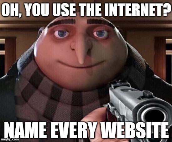 Gru Gun | OH, YOU USE THE INTERNET? NAME EVERY WEBSITE | image tagged in gru gun | made w/ Imgflip meme maker