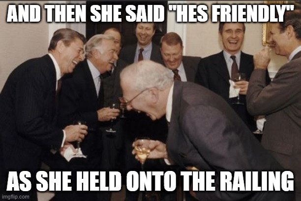 Laughing Men In Suits Meme | AND THEN SHE SAID "HES FRIENDLY"; AS SHE HELD ONTO THE RAILING | image tagged in memes,laughing men in suits | made w/ Imgflip meme maker