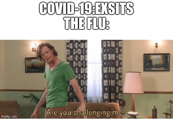 BATTLE OF THE FATES | COVID-19:EXSITS
THE FLU: | image tagged in are you challenging me | made w/ Imgflip meme maker