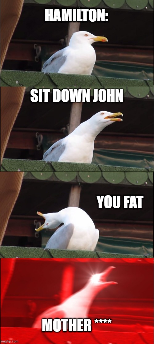 Inhaling Seagull | HAMILTON:; SIT DOWN JOHN; YOU FAT; MOTHER **** | image tagged in memes,inhaling seagull | made w/ Imgflip meme maker