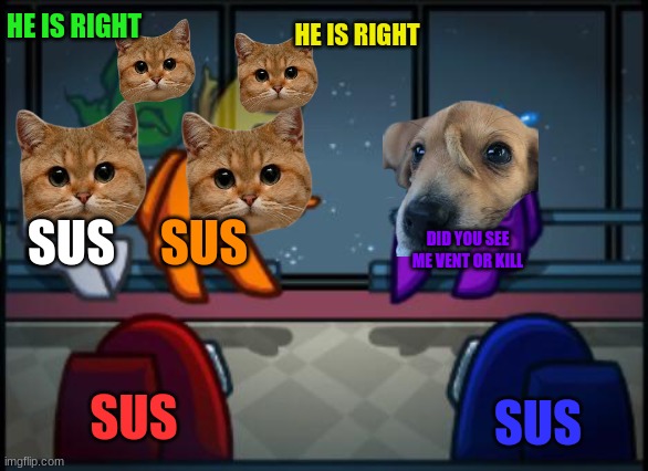 Among us blame | HE IS RIGHT; HE IS RIGHT; SUS; SUS; DID YOU SEE ME VENT OR KILL; SUS; SUS | image tagged in among us blame | made w/ Imgflip meme maker