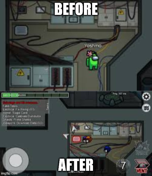 Electrical in Among Us | BEFORE; AFTER | image tagged in among us | made w/ Imgflip meme maker