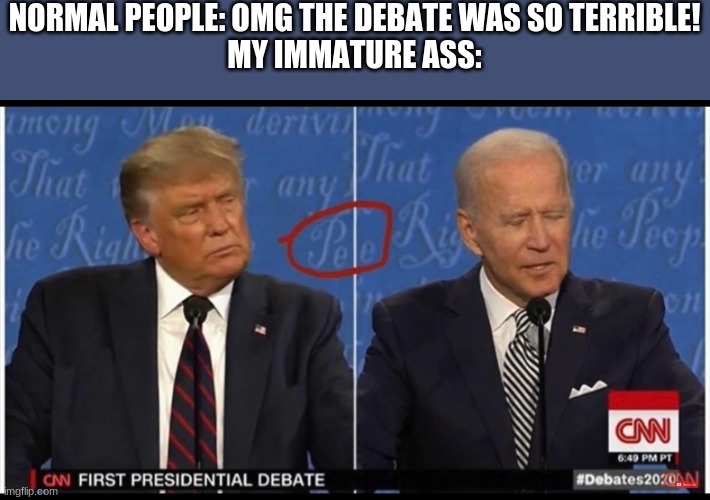 haha it said pee | NORMAL PEOPLE: OMG THE DEBATE WAS SO TERRIBLE!
MY IMMATURE ASS: | image tagged in pee | made w/ Imgflip meme maker