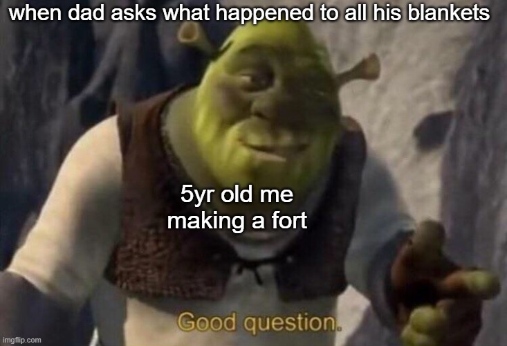 Shrek good question | when dad asks what happened to all his blankets; 5yr old me making a fort | image tagged in shrek good question | made w/ Imgflip meme maker