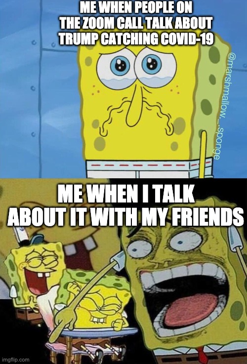 ME WHEN PEOPLE ON THE ZOOM CALL TALK ABOUT TRUMP CATCHING COVID-19; ME WHEN I TALK ABOUT IT WITH MY FRIENDS | image tagged in sad spongebob,spongebob laughing hysterically | made w/ Imgflip meme maker