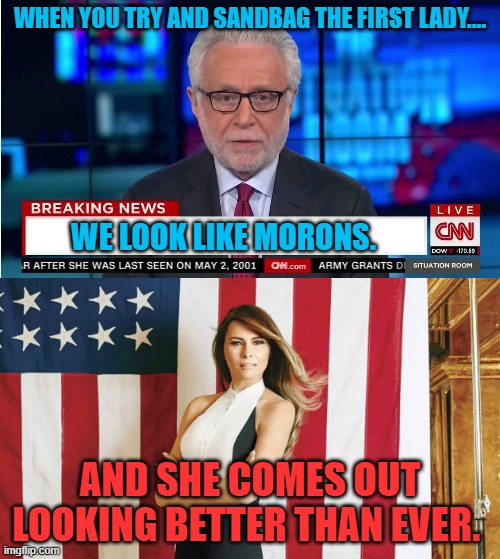 WHEN YOU TRY AND SANDBAG THE FIRST LADY.... WE LOOK LIKE MORONS. AND SHE COMES OUT LOOKING BETTER THAN EVER. | image tagged in melania trump,cnn wolf of fake news fanfiction | made w/ Imgflip meme maker