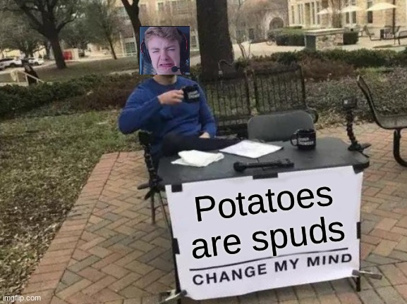 Change My Mind | Potatoes are spuds | image tagged in memes,change my mind,tommyinnit,ninjainnit | made w/ Imgflip meme maker