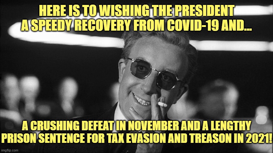 Doctor Strangelove says... | HERE IS TO WISHING THE PRESIDENT A SPEEDY RECOVERY FROM COVID-19 AND... A CRUSHING DEFEAT IN NOVEMBER AND A LENGTHY PRISON SENTENCE FOR TAX EVASION AND TREASON IN 2021! | image tagged in doctor strangelove says | made w/ Imgflip meme maker