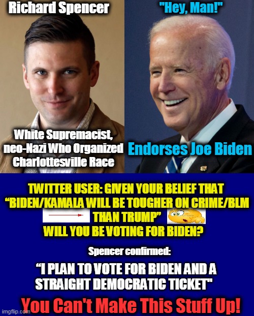 Is This Crazy or What? | "Hey, Man!"; Richard Spencer; Endorses Joe Biden; White Supremacist, neo-Nazi Who Organized Charlottesville Race; TWITTER USER: GIVEN YOUR BELIEF THAT 
“BIDEN/KAMALA WILL BE TOUGHER ON CRIME/BLM
THAN TRUMP”
WILL YOU BE VOTING FOR BIDEN? Spencer confirmed:; “I PLAN TO VOTE FOR BIDEN AND A              STRAIGHT DEMOCRATIC TICKET"; You Can't Make This Stuff Up! | image tagged in politics,political meme,joe biden,richard spencer,democratic socialism,donald trump approves | made w/ Imgflip meme maker