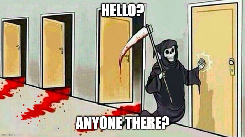 death knocking at the door | HELLO? ANYONE THERE? | image tagged in death knocking at the door | made w/ Imgflip meme maker