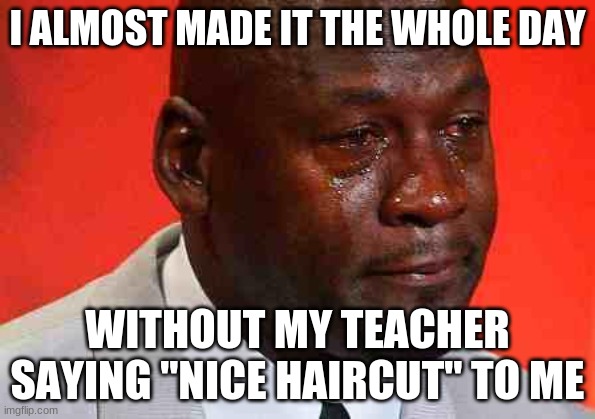 True Story | I ALMOST MADE IT THE WHOLE DAY; WITHOUT MY TEACHER SAYING "NICE HAIRCUT" TO ME | image tagged in crying michael jordan | made w/ Imgflip meme maker