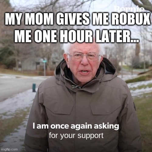 Bernie I Am Once Again Asking For Your Support Meme | MY MOM GIVES ME ROBUX; ME ONE HOUR LATER... for your support | image tagged in memes,bernie i am once again asking for your support | made w/ Imgflip meme maker