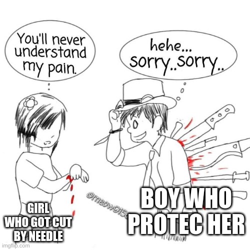 You'll never understand my pain | BOY WHO PROTEC HER; GIRL WHO GOT CUT BY NEEDLE | image tagged in you'll never understand my pain | made w/ Imgflip meme maker