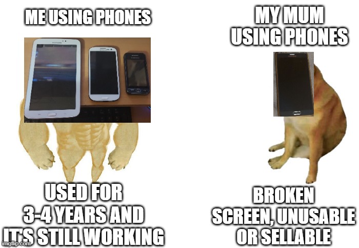 Then vs now | MY MUM USING PHONES; ME USING PHONES; USED FOR 3-4 YEARS AND IT'S STILL WORKING; BROKEN SCREEN, UNUSABLE OR SELLABLE | image tagged in then vs now | made w/ Imgflip meme maker