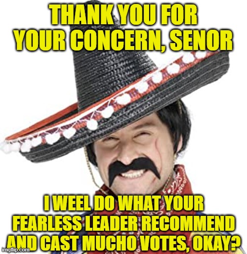 THANK YOU FOR YOUR CONCERN, SENOR I WEEL DO WHAT YOUR FEARLESS LEADER RECOMMEND AND CAST MUCHO VOTES, OKAY? | made w/ Imgflip meme maker