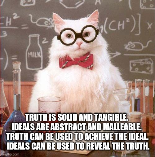 Science Cat | TRUTH IS SOLID AND TANGIBLE.  IDEALS ARE ABSTRACT AND MALLEABLE.  TRUTH CAN BE USED TO ACHIEVE THE IDEAL.  IDEALS CAN BE USED TO REVEAL THE  | image tagged in science cat | made w/ Imgflip meme maker