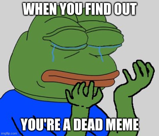 pepe cry |  WHEN YOU FIND OUT; YOU'RE A DEAD MEME | image tagged in pepe cry | made w/ Imgflip meme maker