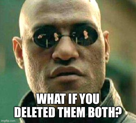 What if i told you | WHAT IF YOU DELETED THEM BOTH? | image tagged in what if i told you | made w/ Imgflip meme maker