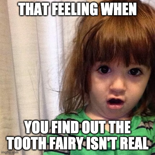 When you realize the tooth fairy isn't real | THAT FEELING WHEN; YOU FIND OUT THE TOOTH FAIRY ISN'T REAL | image tagged in the tooth fairy isn't real | made w/ Imgflip meme maker