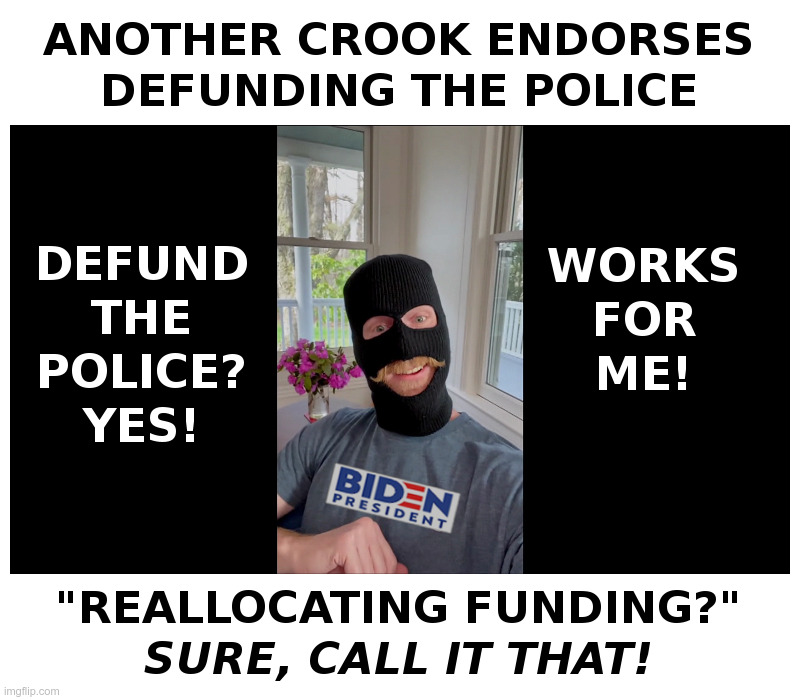 Another Crook Endorses Defunding The Police | image tagged in crook,defund the police,joe biden,crooked hillary | made w/ Imgflip meme maker