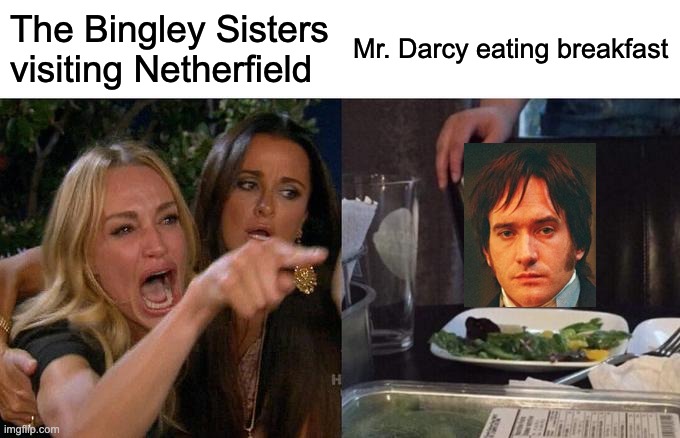 Woman Yelling At Cat | The Bingley Sisters visiting Netherfield; Mr. Darcy eating breakfast | image tagged in memes,woman yelling at cat | made w/ Imgflip meme maker