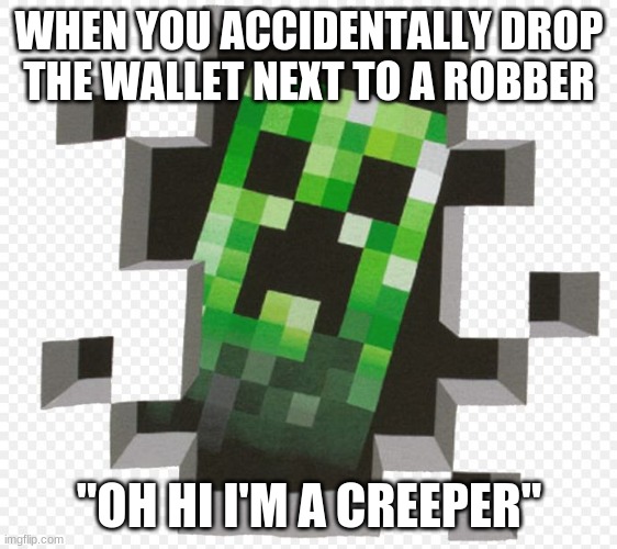 Minecraft Creeper | WHEN YOU ACCIDENTALLY DROP THE WALLET NEXT TO A ROBBER; "OH HI I'M A CREEPER" | image tagged in minecraft creeper | made w/ Imgflip meme maker