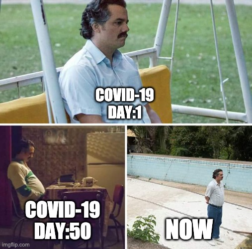 Sad Pablo Escobar | COVID-19
DAY:1; COVID-19
DAY:50; NOW | image tagged in memes,sad pablo escobar | made w/ Imgflip meme maker