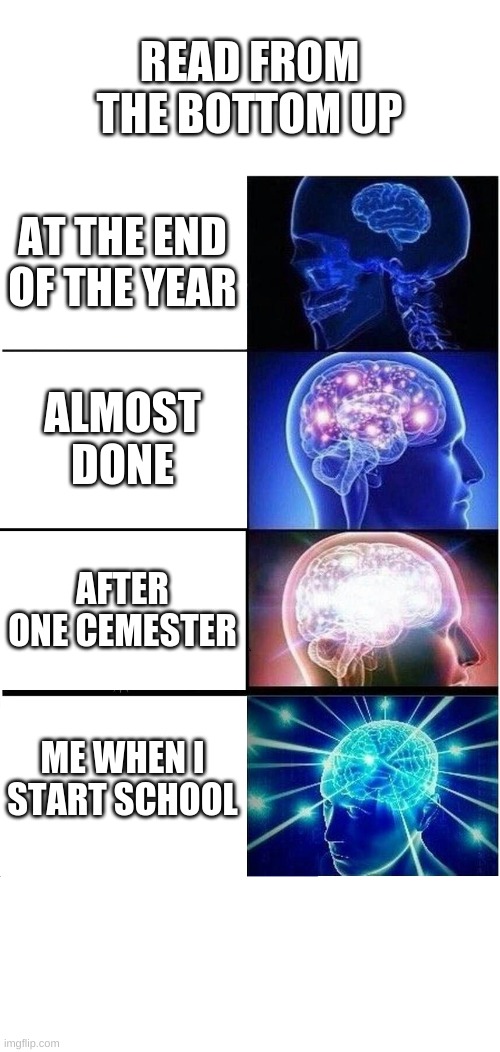 Expanding Brain Meme | READ FROM THE BOTTOM UP; AT THE END OF THE YEAR; ALMOST DONE; AFTER ONE CEMESTER; ME WHEN I START SCHOOL | image tagged in memes,expanding brain | made w/ Imgflip meme maker