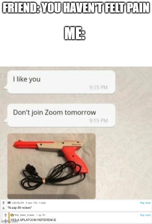 ZAPPER IS A ZAPPER | FRIEND: YOU HAVEN'T FELT PAIN; ME: | made w/ Imgflip meme maker