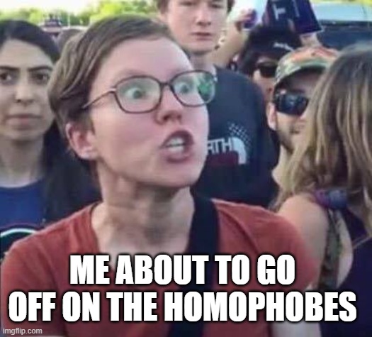 Angry Liberal | ME ABOUT TO GO OFF ON THE HOMOPHOBES | image tagged in angry liberal | made w/ Imgflip meme maker