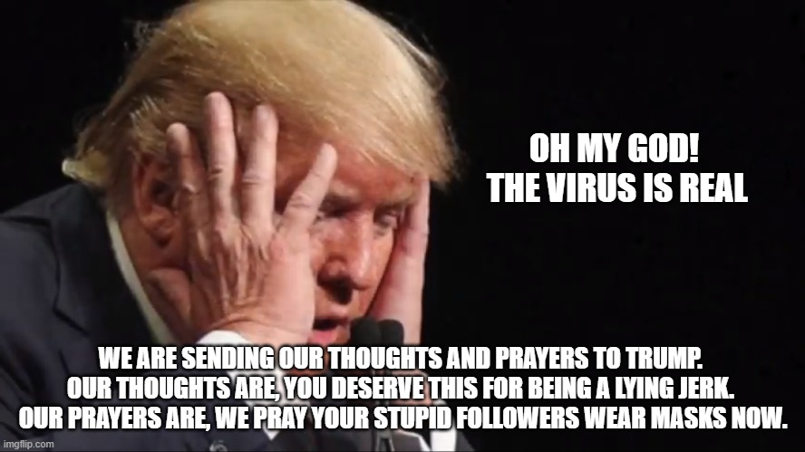 It Will Magically Go Away! | OH MY GOD! 
THE VIRUS IS REAL; WE ARE SENDING OUR THOUGHTS AND PRAYERS TO TRUMP. 
OUR THOUGHTS ARE, YOU DESERVE THIS FOR BEING A LYING JERK. 
OUR PRAYERS ARE, WE PRAY YOUR STUPID FOLLOWERS WEAR MASKS NOW. | image tagged in coronavirus,pandemic,covid-19 | made w/ Imgflip meme maker