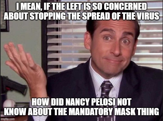 Michael Scott | I MEAN, IF THE LEFT IS SO CONCERNED ABOUT STOPPING THE SPREAD OF THE VIRUS HOW DID NANCY PELOSI NOT KNOW ABOUT THE MANDATORY MASK THING | image tagged in michael scott | made w/ Imgflip meme maker