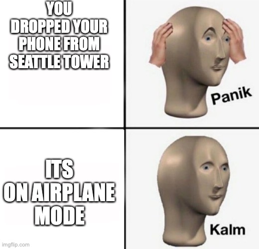 panik kalm | YOU DROPPED YOUR PHONE FROM SEATTLE TOWER; ITS ON AIRPLANE MODE | image tagged in panik kalm,airplane | made w/ Imgflip meme maker