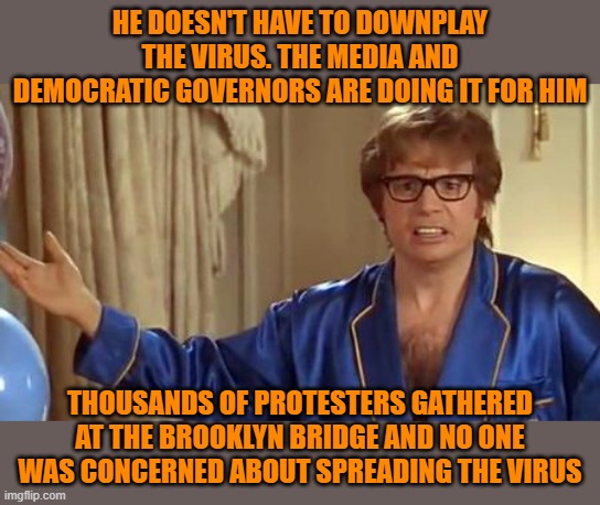 Austin Powers Honestly Meme | HE DOESN'T HAVE TO DOWNPLAY THE VIRUS. THE MEDIA AND DEMOCRATIC GOVERNORS ARE DOING IT FOR HIM THOUSANDS OF PROTESTERS GATHERED AT THE BROOK | image tagged in memes,austin powers honestly | made w/ Imgflip meme maker