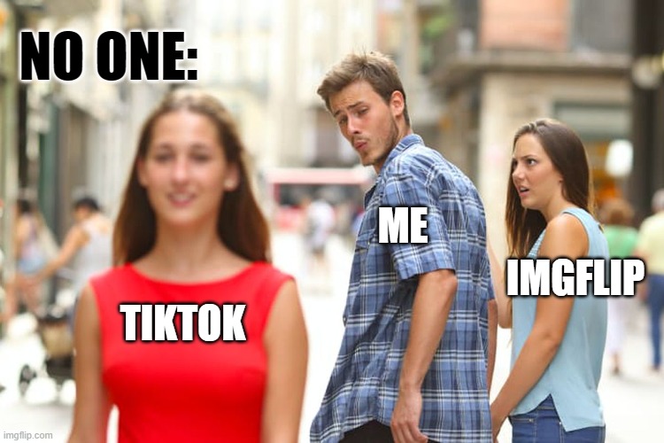 Distracted Boyfriend Meme | TIKTOK ME IMGFLIP NO ONE: | image tagged in memes,distracted boyfriend | made w/ Imgflip meme maker