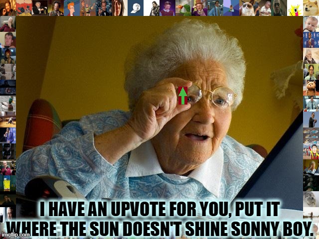 Shut Up And Take My Upvote. | I HAVE AN UPVOTE FOR YOU, PUT IT WHERE THE SUN DOESN'T SHINE SONNY BOY. | image tagged in here's an upvote for you,upvote begging,fishing for upvotes,shut up and take my upvote,the meme zone | made w/ Imgflip meme maker