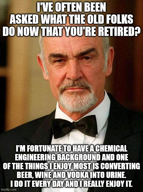 sean connery | I'VE OFTEN BEEN ASKED WHAT THE OLD FOLKS DO NOW THAT YOU'RE RETIRED? I'M FORTUNATE TO HAVE A CHEMICAL ENGINEERING BACKGROUND AND ONE OF THE THINGS I ENJOY MOST IS CONVERTING BEER, WINE AND VODKA INTO URINE. I DO IT EVERY DAY AND I REALLY ENJOY IT. | image tagged in sean connery | made w/ Imgflip meme maker