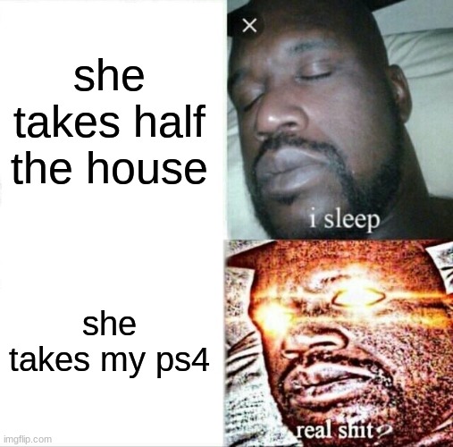 Sleeping Shaq Meme | she takes half the house she takes my ps4 | image tagged in memes,sleeping shaq | made w/ Imgflip meme maker