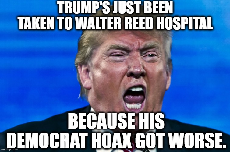 My uh....lol....sympathies...lol | TRUMP'S JUST BEEN TAKEN TO WALTER REED HOSPITAL; BECAUSE HIS DEMOCRAT HOAX GOT WORSE. | image tagged in donald trump,coronavirus,covid-19,liar,hoax,traitor | made w/ Imgflip meme maker